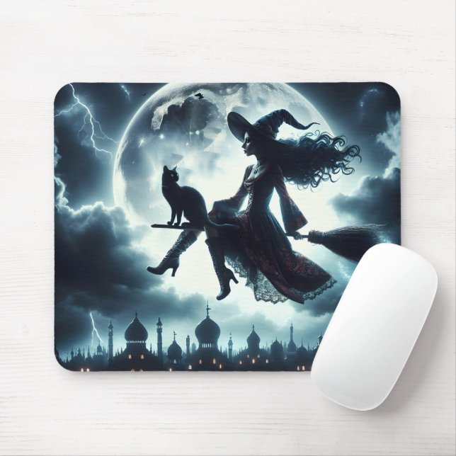 Mousepad Gato e Bruxa Voando em uma Vassoura (Com mouse)