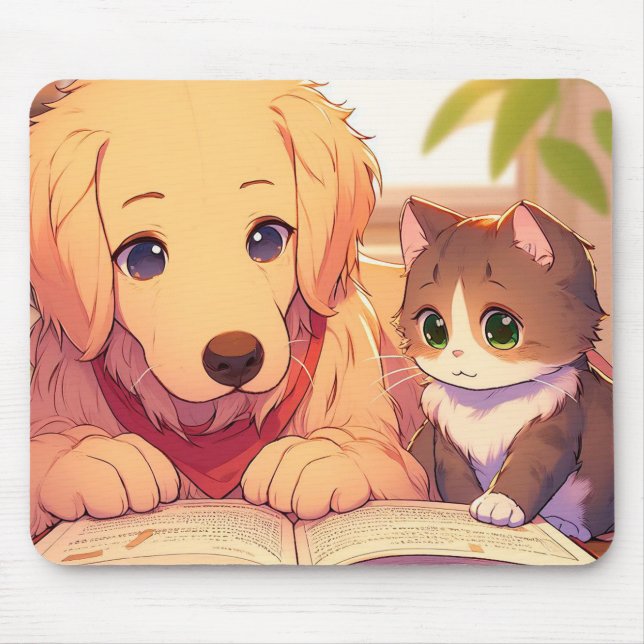 Mousepad Gato e cão lendo um livro (Frente)