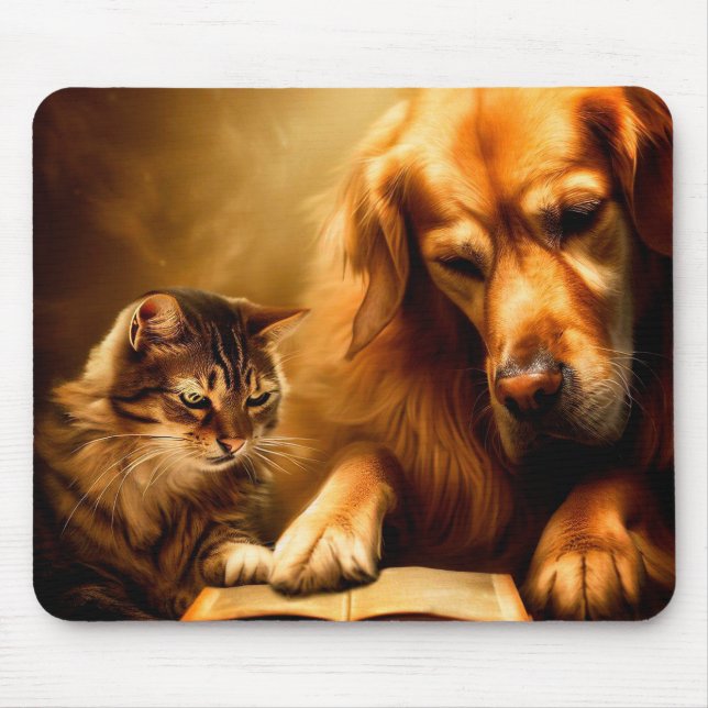Mousepad Gato e cão lendo um livro (Frente)