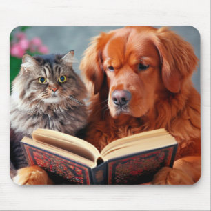 Mousepad Gato e cão lendo um livro
