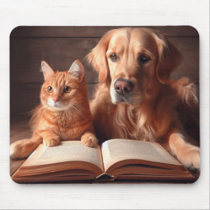 Mousepad Gato e cão lendo um livro