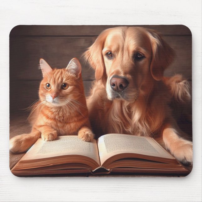 Mousepad Gato e cão lendo um livro (Frente)