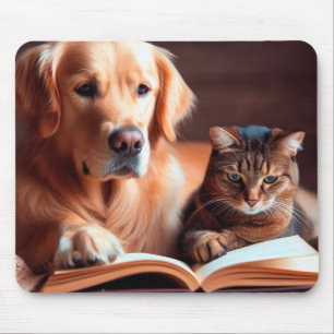 Mousepad Gato e cão lendo um livro