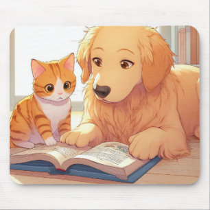 Mousepad Gato e cão lendo um livro