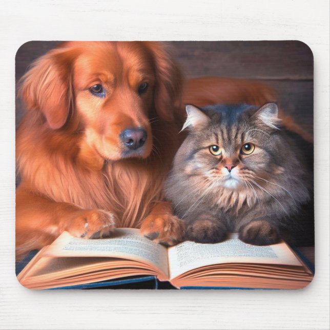 Mousepad Gato e cão lendo um livro (Frente)