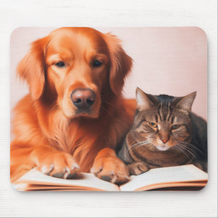Mousepad Gato e cão lendo um livro