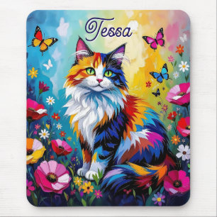 Mousepad Gato e Flores Coloridos e com Impasto Bonito