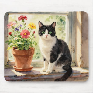 Mousepad Gato em aquarela e flores no parapeito da janela