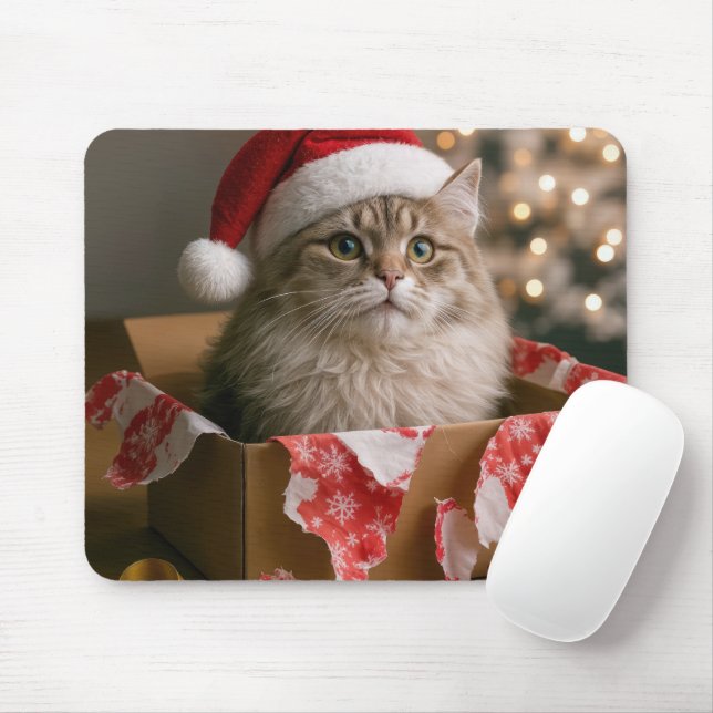 Mousepad Gato em uma Caixa de Presente de Natal (Com mouse)