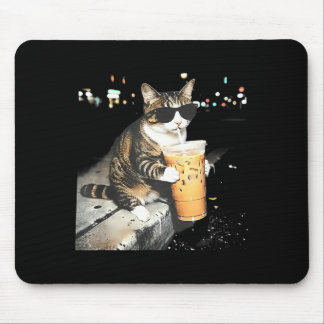 Mousepad Gato engraçado bebendo café gelado