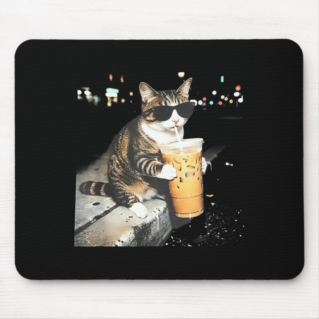 Mousepad Gato engraçado bebendo café gelado (Frente)