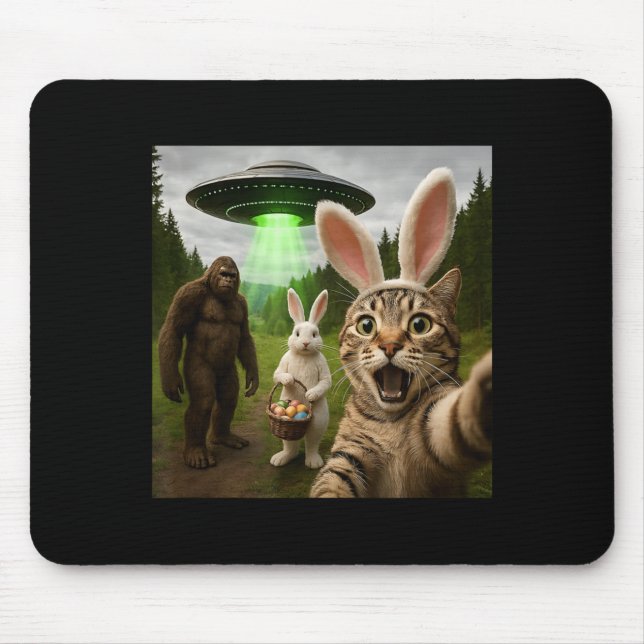 Mousepad Gato engraçado de Páscoa selfie com Bunny Bigfoot  (Frente)
