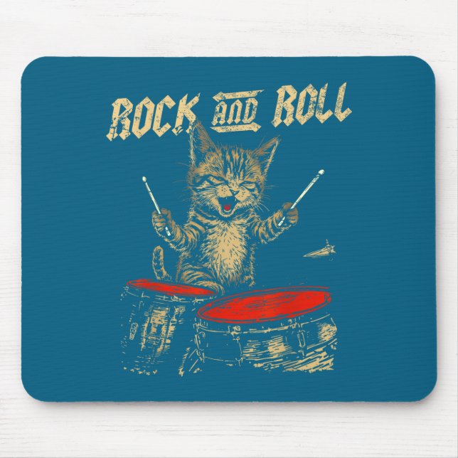 Mousepad Gato Engraçado de Rock And Roll Tocando Tambor Par (Frente)