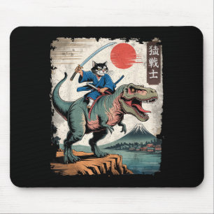 Mousepad Gato engraçado montando t rex arte japonesa ukiyo-