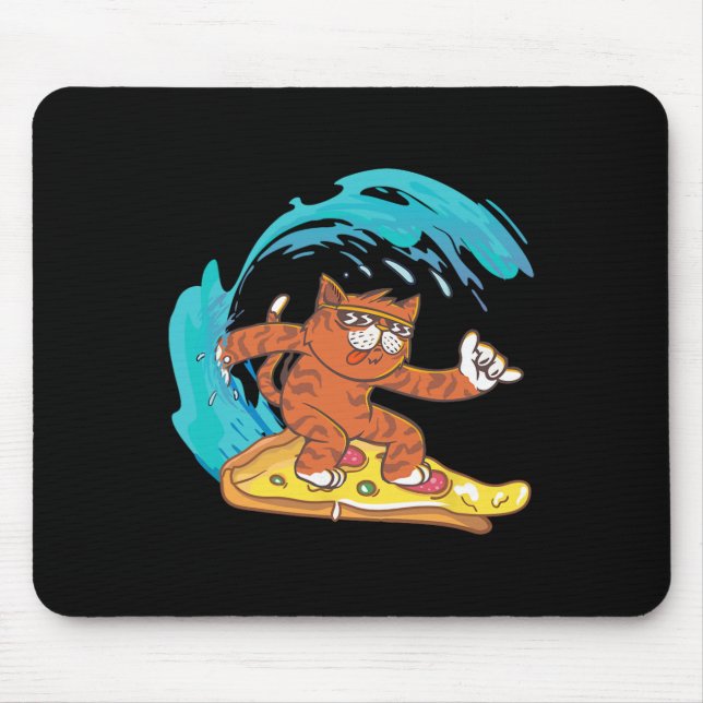 Mousepad Gato engraçado surfando em uma fatia de pizza (Frente)