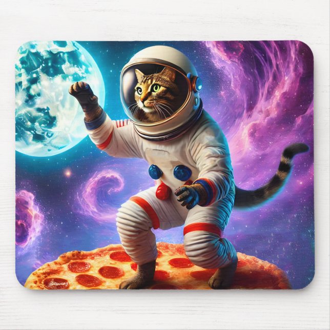 Mousepad Gato Engraçado Voando Uma Pizza Astronauta Espaço  (Frente)