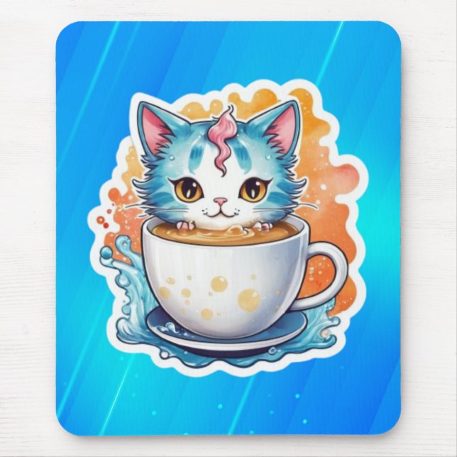 Mousepad Gato Fofo Com Caneca De Café Design De Desenho-946 (Frente)