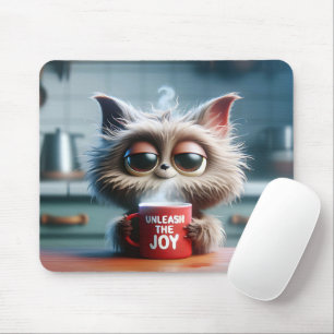 Mousepad Gato Fofo Com Caneca de Café Vermelha