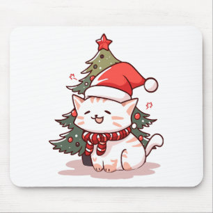 Mousepad Gato fofo vestindo chapéu de Papai Noel perto da á