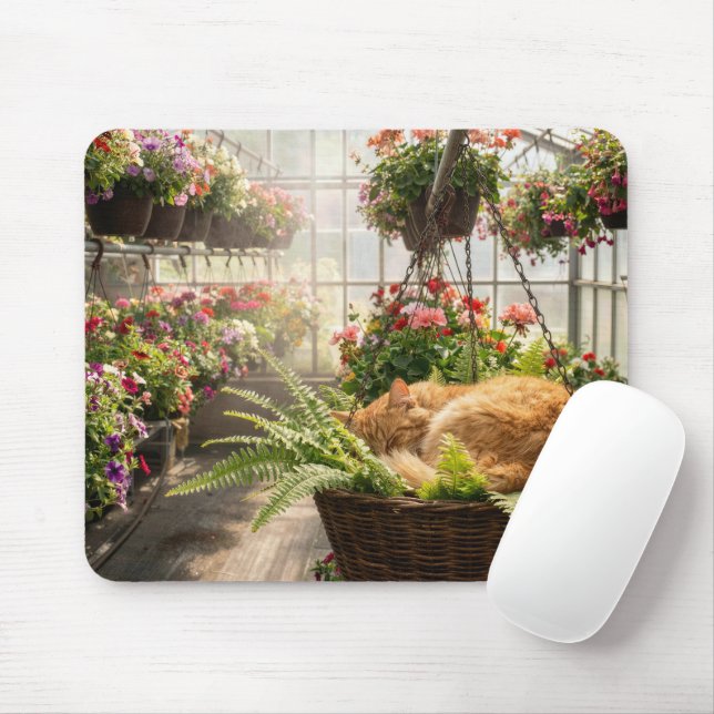 Mousepad Gato Gengibre Dormindo em Cesta de Samambaia Pendu (Com mouse)