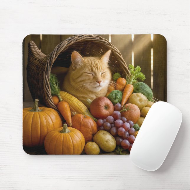 Mousepad Gato Gengibre numa Cornucópia de Colheita (Com mouse)