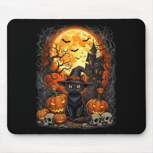 Mousepad Gato Halloween Abóbora Preto (Frente)