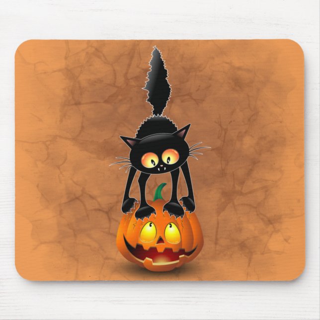 Mousepad Gato Halloween Caricatura Assustada na Pumpkin (Frente)