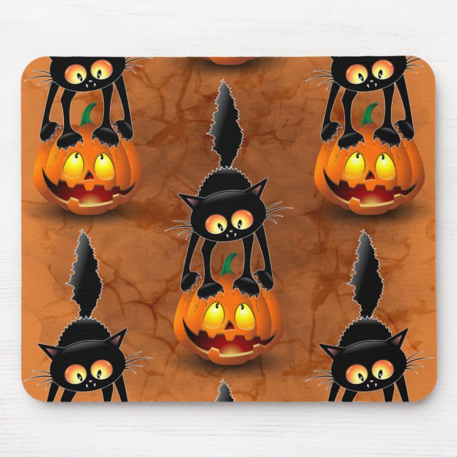 Mousepad Gato Halloween Caricatura Assustada na Pumpkin (Frente)