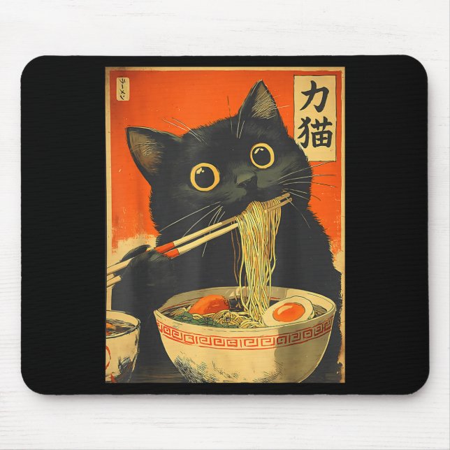 Mousepad Gato Japonês de Ramen de Anime Retrô Divertido Grá (Frente)