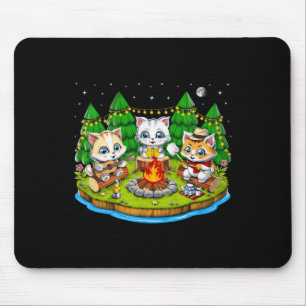 Mousepad Gato Kawaii Fofo Acampando Natureza Fogueira ao Ar