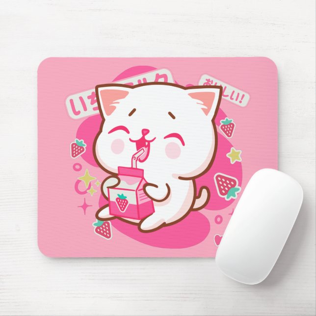 Mousepad Gato Kawaii Gato Japonês Leite De Morango