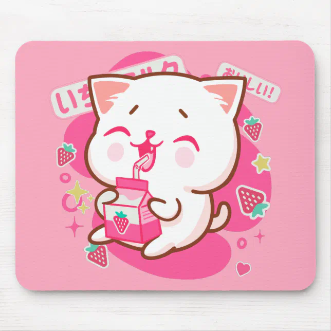 Mousepad Gato Kawaii Gato Japonês Leite De Morango