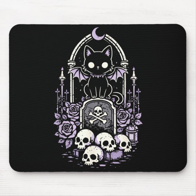 Mousepad Gato Kitty Vamre Caveira e Fofo Kawaii Goth Roxo (Frente)