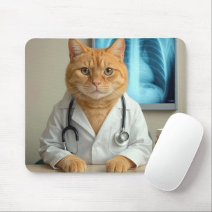 Mousepad Gato Laranja Vestindo Jaleco de Laboratório Médico