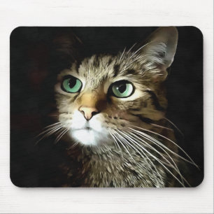 Mousepad Gato Listrado Com Olhos Verdes Isolado Em Preto