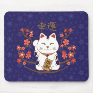 Mousepad Gato maneki-neko com boa sorte kanji