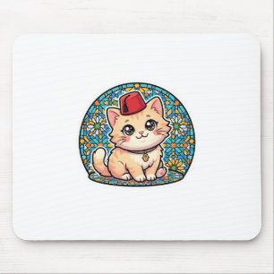Mousepad Gato Marroquino Kawaii Fofo com Chapéu Fez Tarbous
