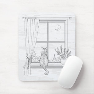 Mousepad Gato na Janela Arte Linear Minimalista