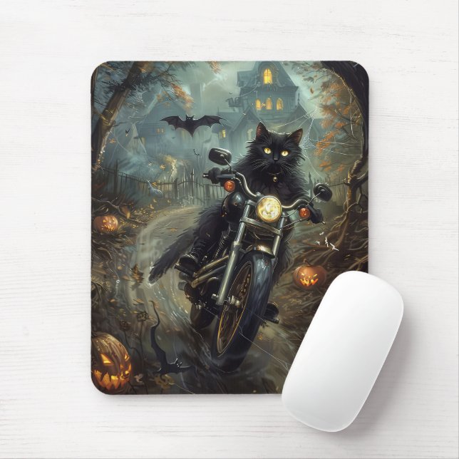 Mousepad Gato Negro Andando Motocicleta Assustador (Com mouse)