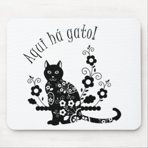 Mousepad Gato negro com flores e expressão portuguesa