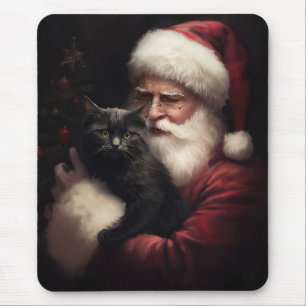 Mousepad Gato Negro com Papai Noel Natal Festivo