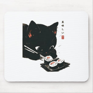 Mousepad Gato Negro Comendo Sushi - Gato Japonês