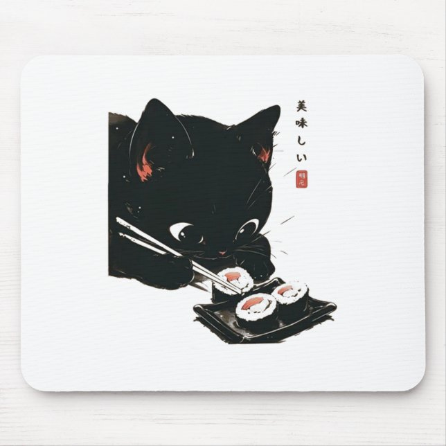 Mousepad Gato Negro Comendo Sushi - Gato Japonês (Frente)