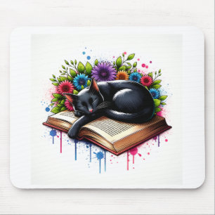 Mousepad Gato Negro Dormindo no Livro com Flores