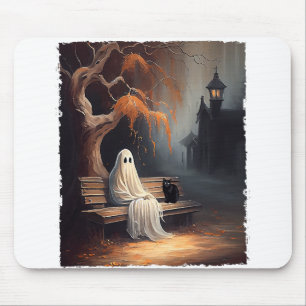 Mousepad Gato Negro E Fantasma Sentados Em Bench Halloween 