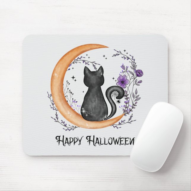Mousepad Gato Negro e Lua Crescente para Feliz Halloween (Com mouse)