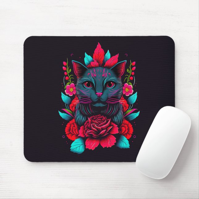 Mousepad Gato Negro Elegante arredondado por Rosas vermelha (Com mouse)