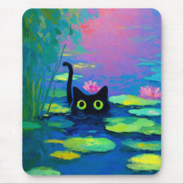 Mousepad Gato Negro Engraçado Nadando Pond | Quirky Art