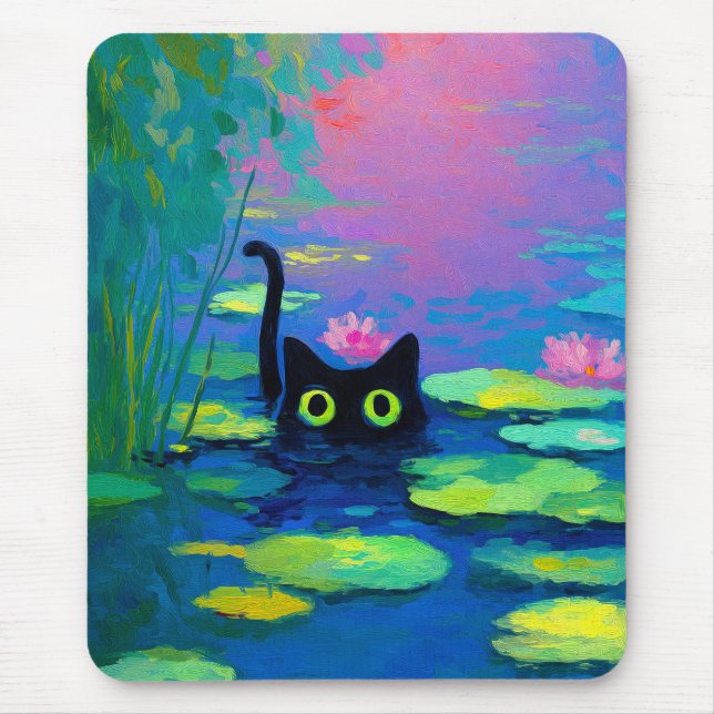 Mousepad Gato Negro Engraçado Nadando Pond | Quirky Art (Frente)