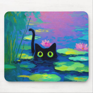 Mousepad Gato Negro Engraçado Nadando Pond Quirky Art